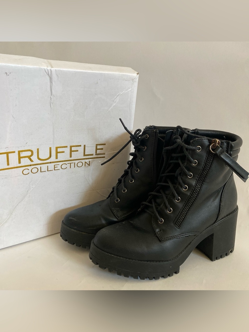 Truffle Collection Black Lace-Up Block Heel Combat Boots